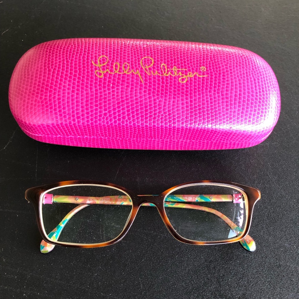 Prescription Lilly Pulitzer brown and pink eyeglass frames with matching case